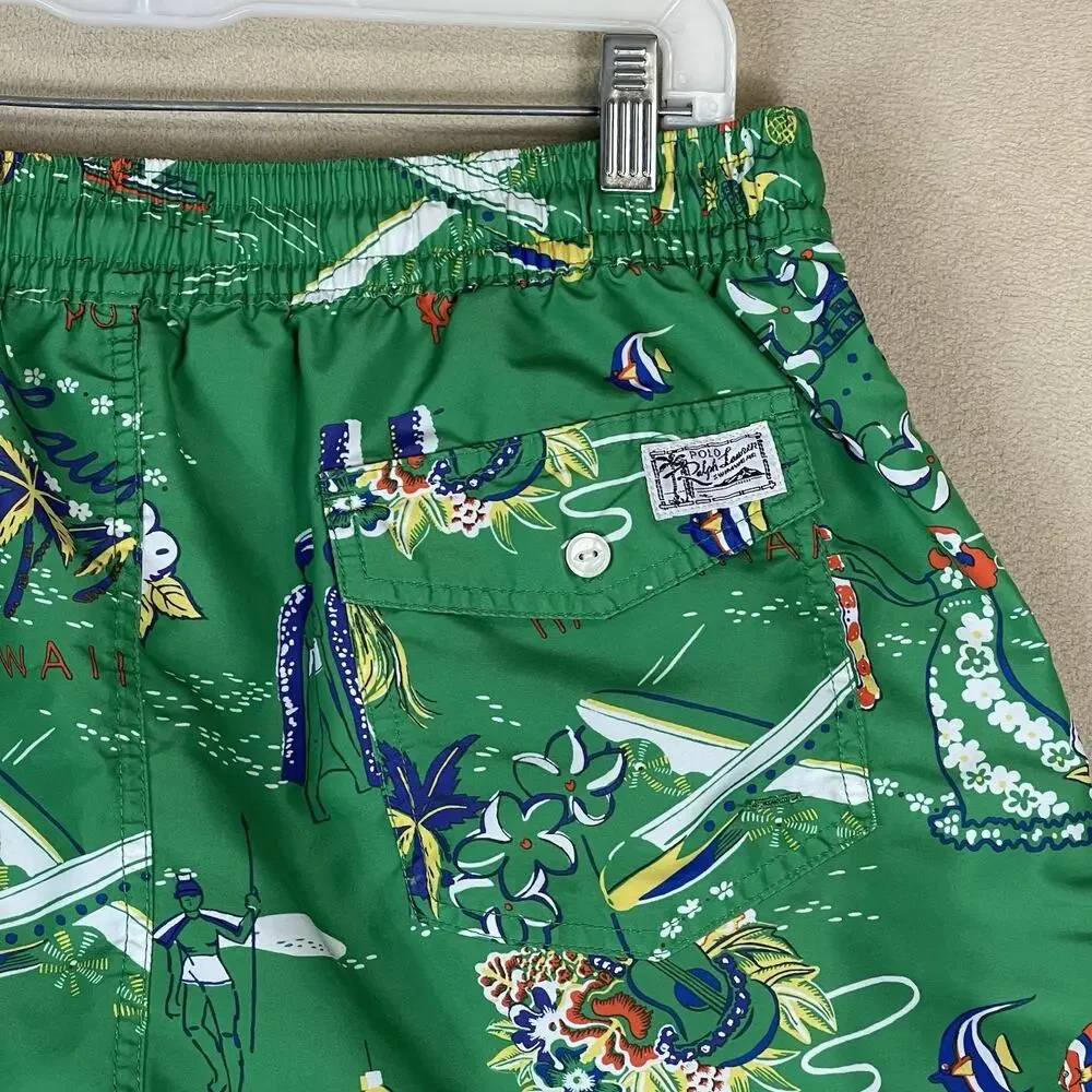 Polo Ralph Lauren Short Mens L Green‎ Hawaiian Traveler Lined Swim Trunk 5.5
